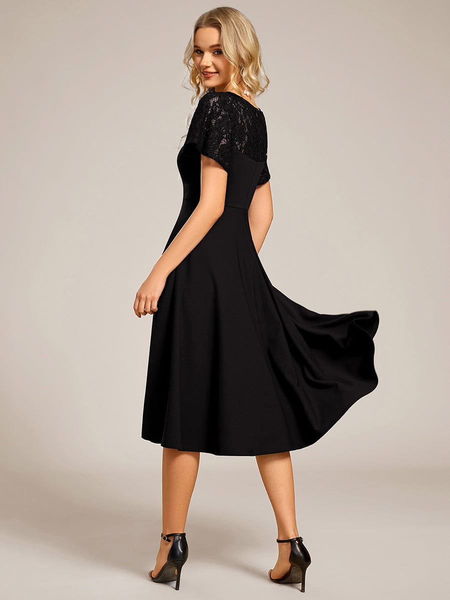 Sweetheart Neck Hollow Out Short Sleeve Midi Length Evening Dress With Pockets #color_Black
