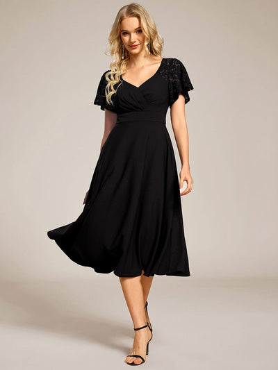 Sweetheart Neck Hollow Out Short Sleeve Midi Length Evening Dress With Pockets #color_Black