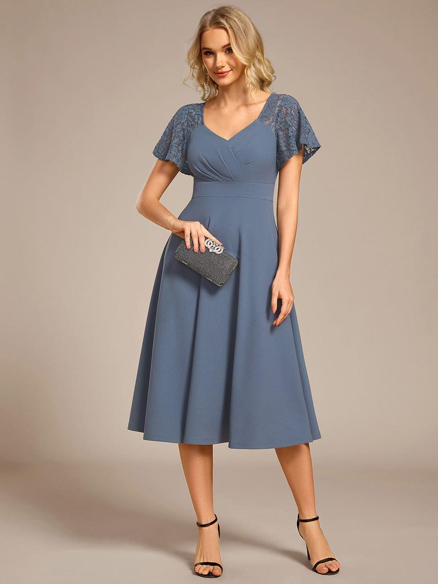 Sweetheart Neck Hollow Out Short Sleeve Midi Length Evening Dress With Pockets #color_Denim Blue