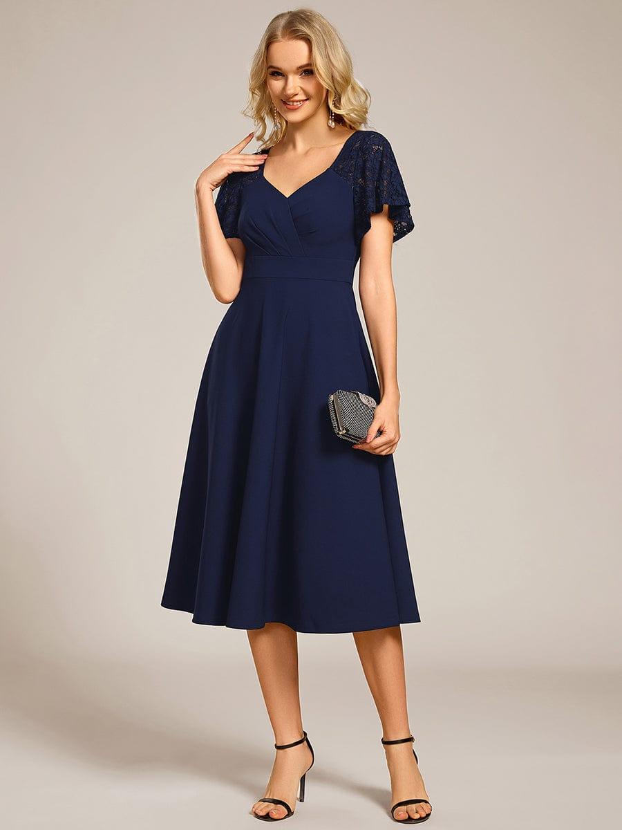 Sweetheart Neck Hollow Out Short Sleeve Midi Length Wedding Guest Dress With Pockets #color_Navy Blue