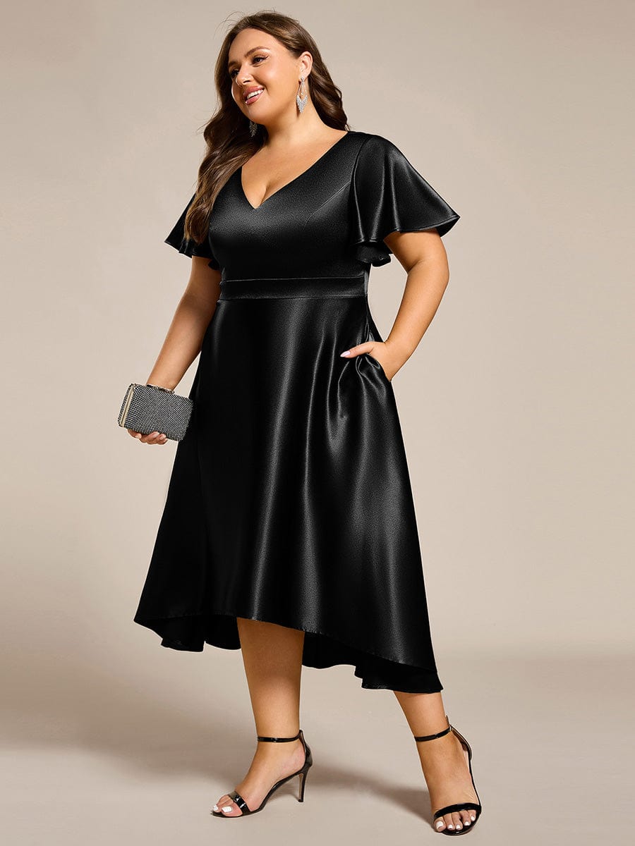High-Low Satin Wedding Guest Dress with Pockets #color_Black