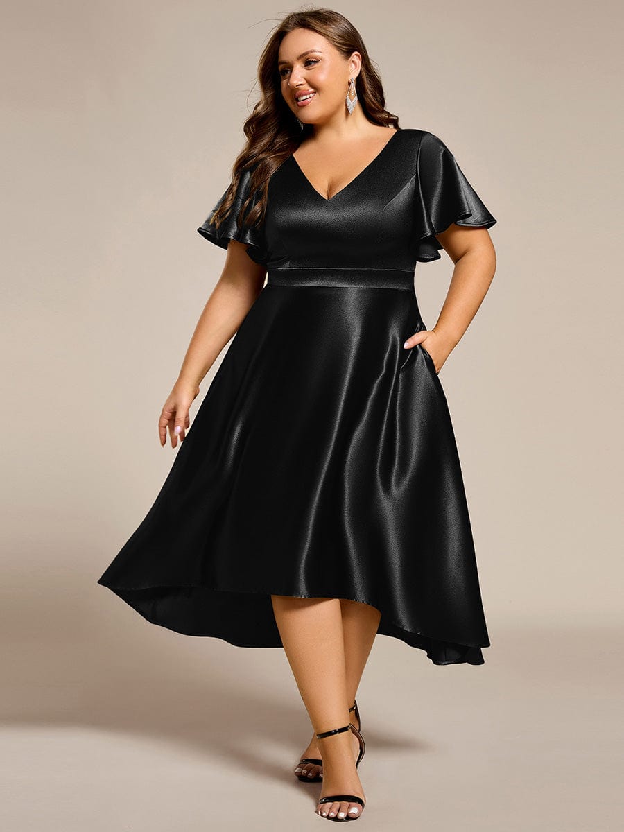 High-Low Satin Wedding Guest Dress with Pockets #color_Black