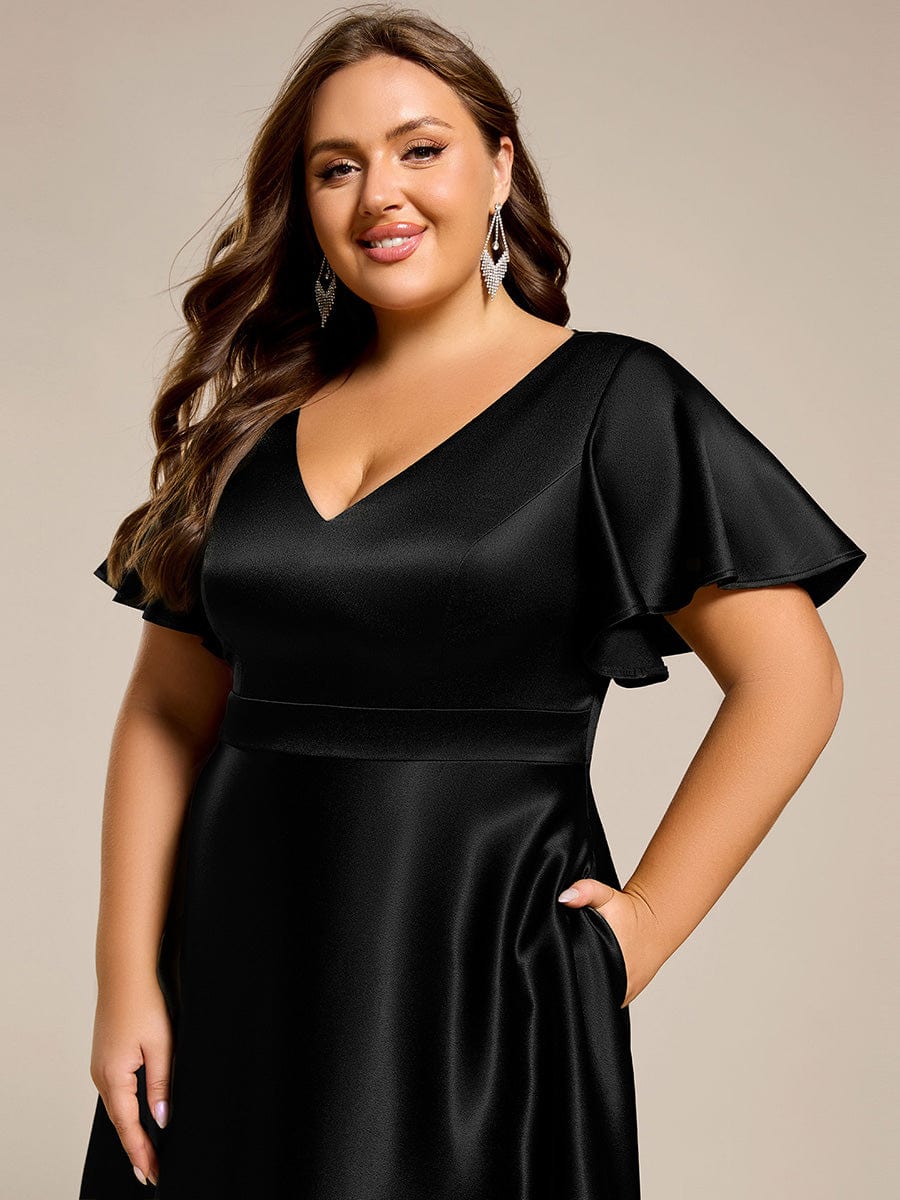 High-Low Satin Wedding Guest Dress with Pockets #color_Black