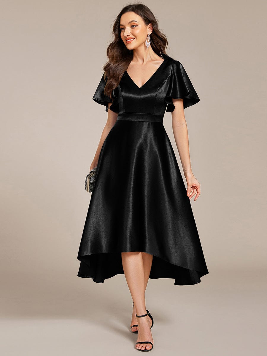 High-Low Satin Wedding Guest Dress with Pockets #color_Black