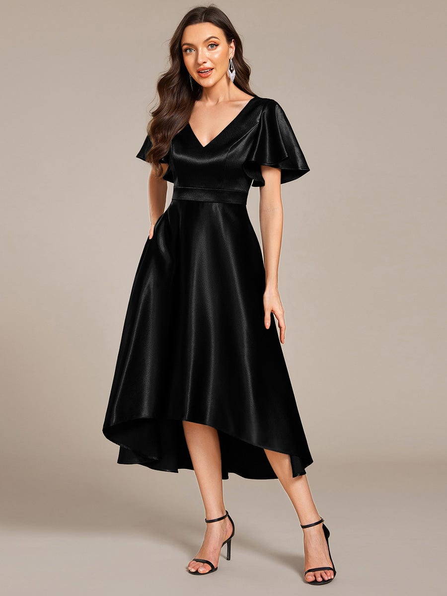 High-Low Satin Wedding Guest Dress with Pockets #color_Black