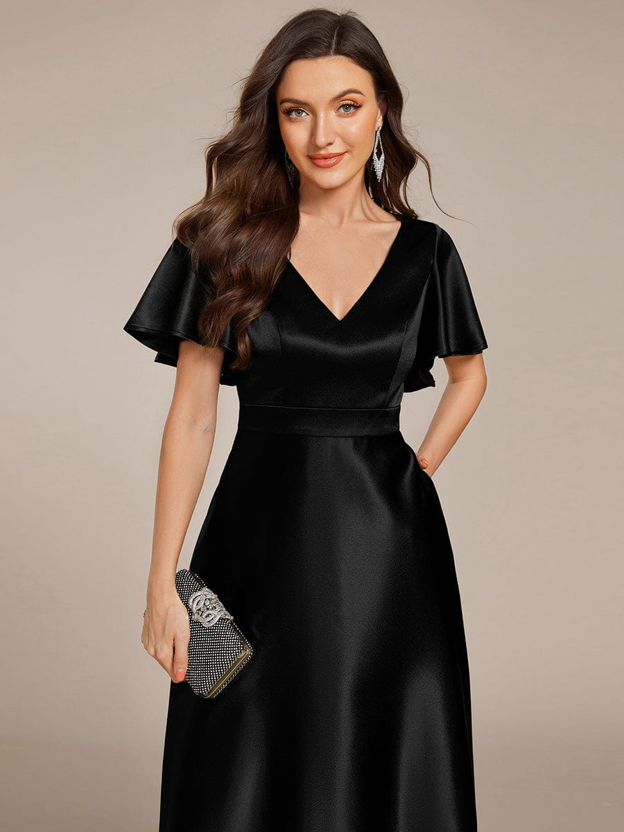 High-Low Satin Wedding Guest Dress with Pockets #color_Black
