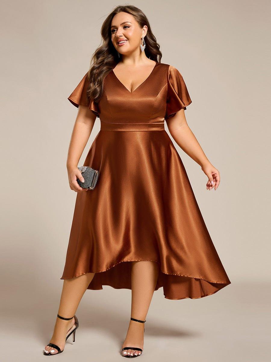 Plus SizeHigh-Low Satin Wedding Guest Dress with Pockets #color_Copper