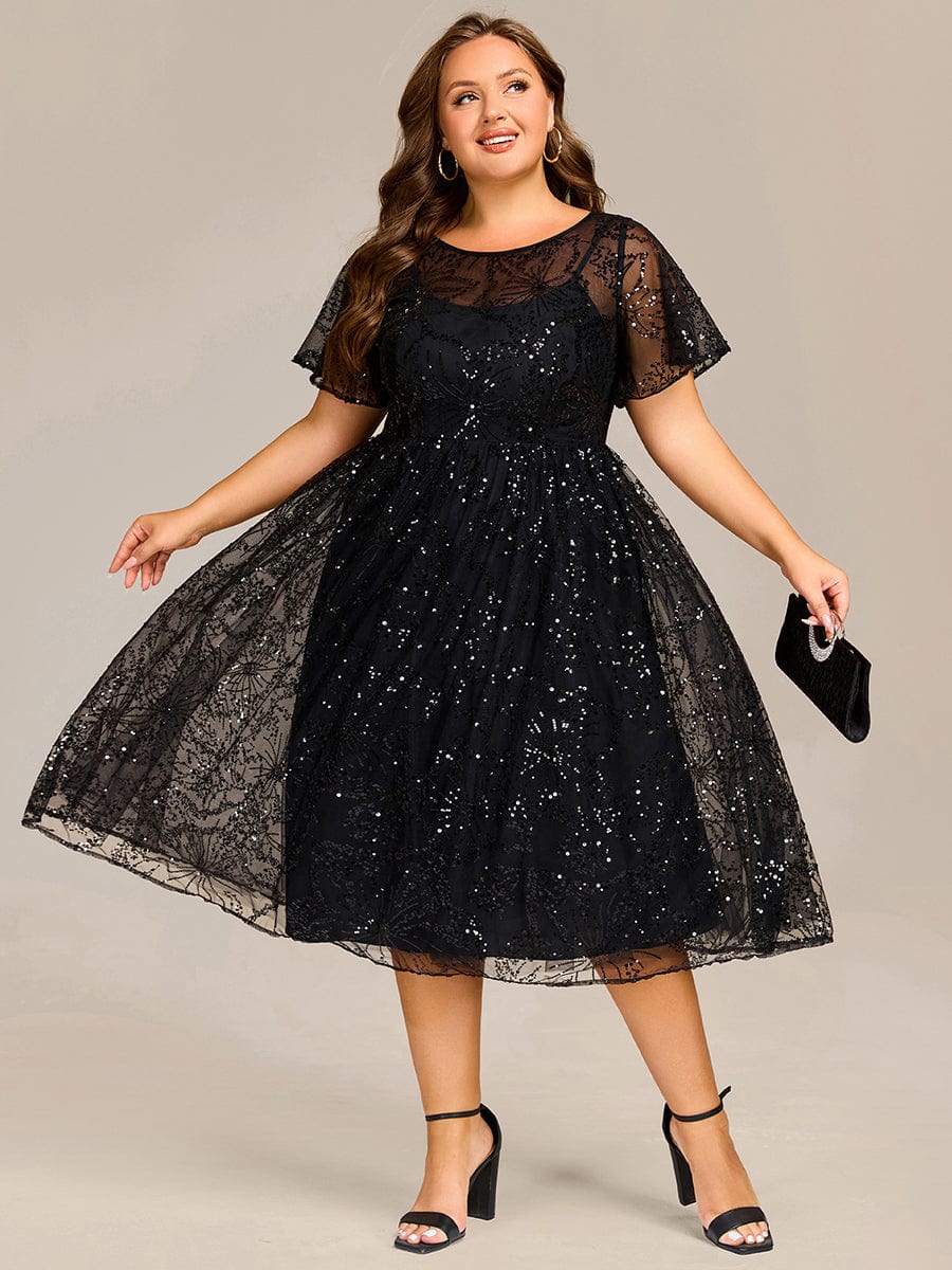 Sequin Sequin Ruffle Sleeve Wedding Guest Dress #color_Black