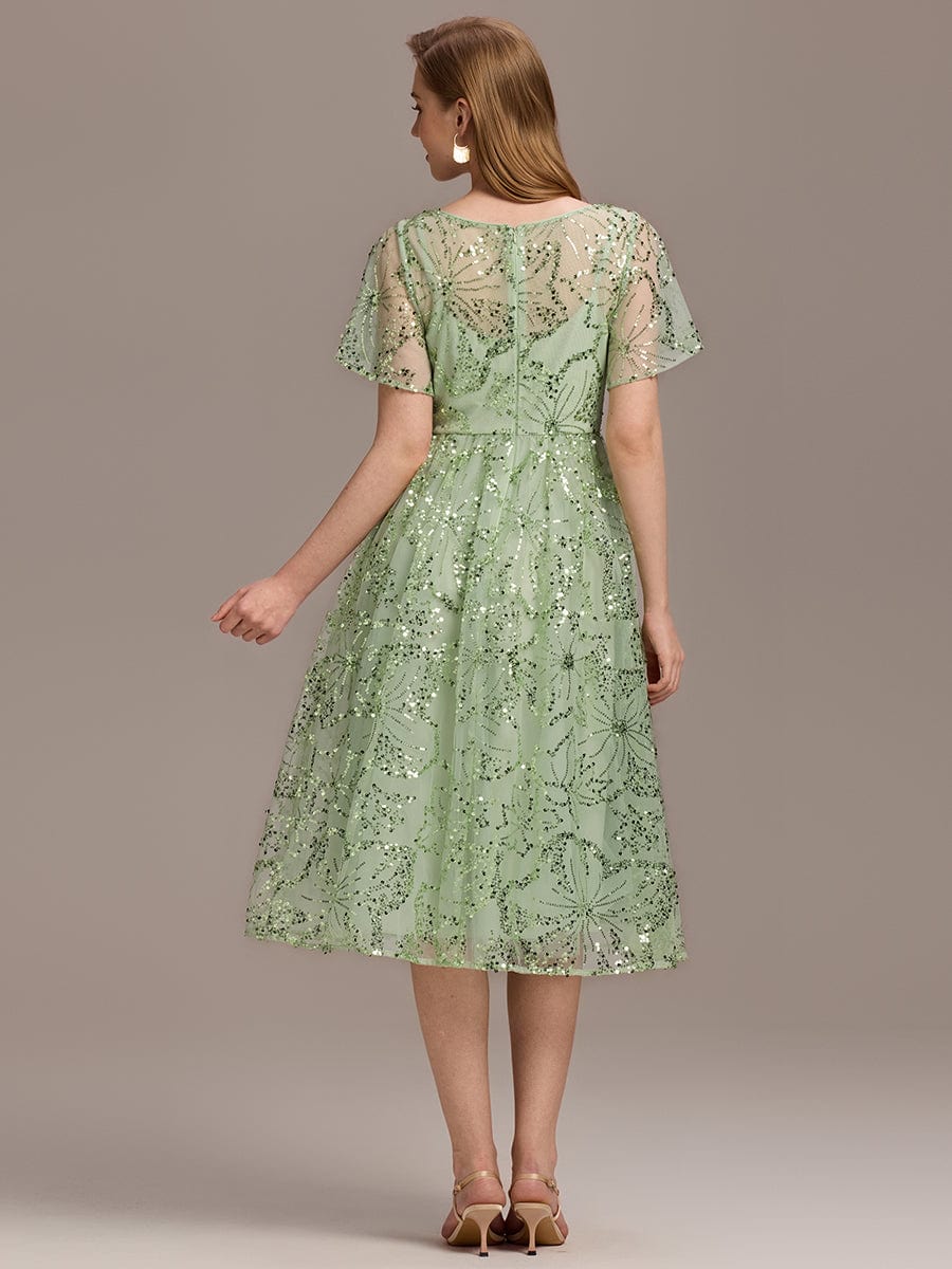 Sequin Sequin Ruffle Sleeve Wedding Guest Dress #color_Mint Green