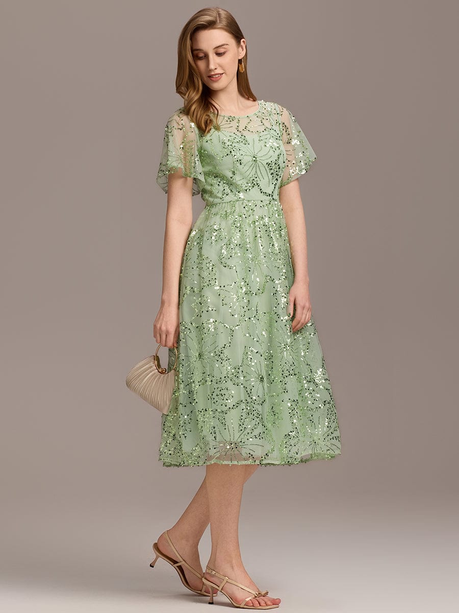 Sequin Sequin Ruffle Sleeve Wedding Guest Dress #color_Mint Green