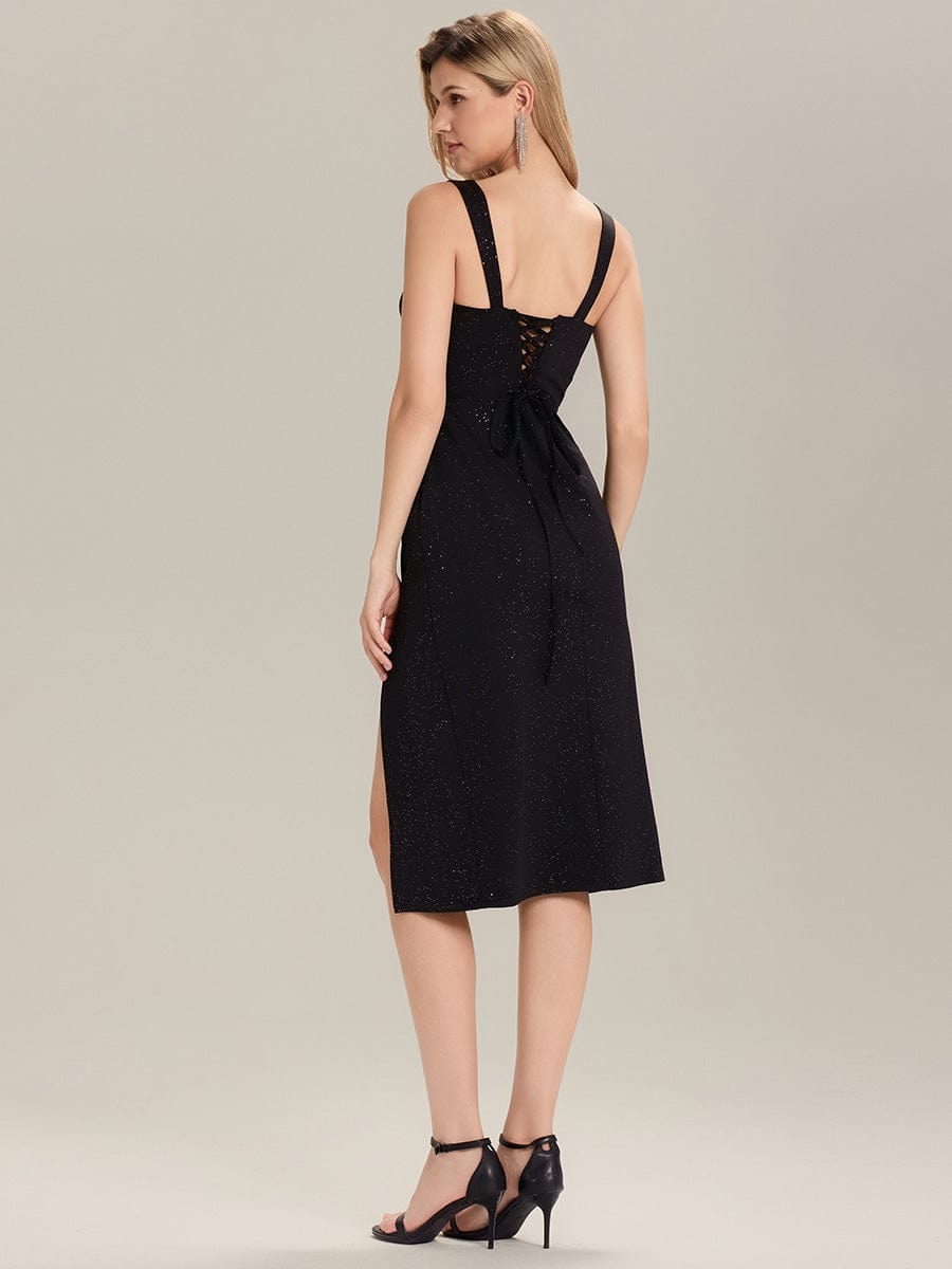 Tie-Front Knit Sleeveless Evening Dress #color_Black