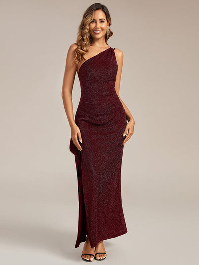 Knit Sleeveless Asymmetrical Hem Wedding Guest Dress #color_Burgundy