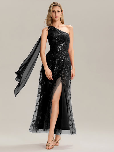 Flowing Ribbons Sequin Sleeveless Wedding Guest Dress #color_Black