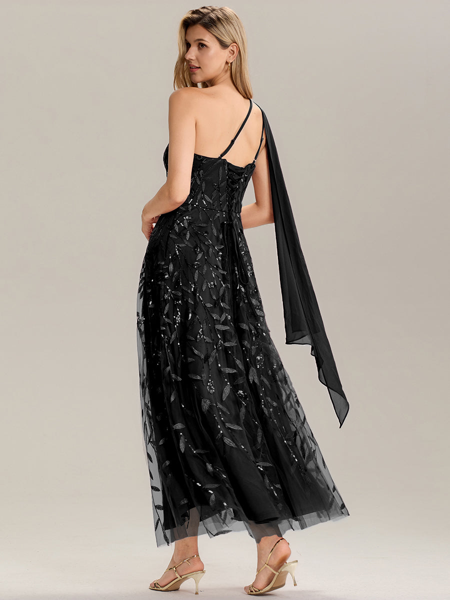 Flowing Ribbons Sequin Sleeveless Wedding Guest Dress #color_Black