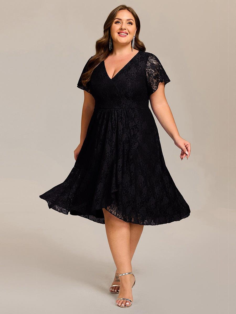 Plus Size Lace Lotus Leaf Ruffles Sleeve Midi Wedding Guest Dress #color_Black