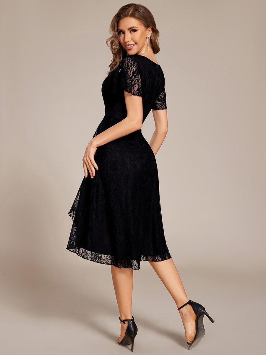 V-Neck Lace Lotus Leaf Ruffles Sleeve Midi Length Evening Dress #color_Black