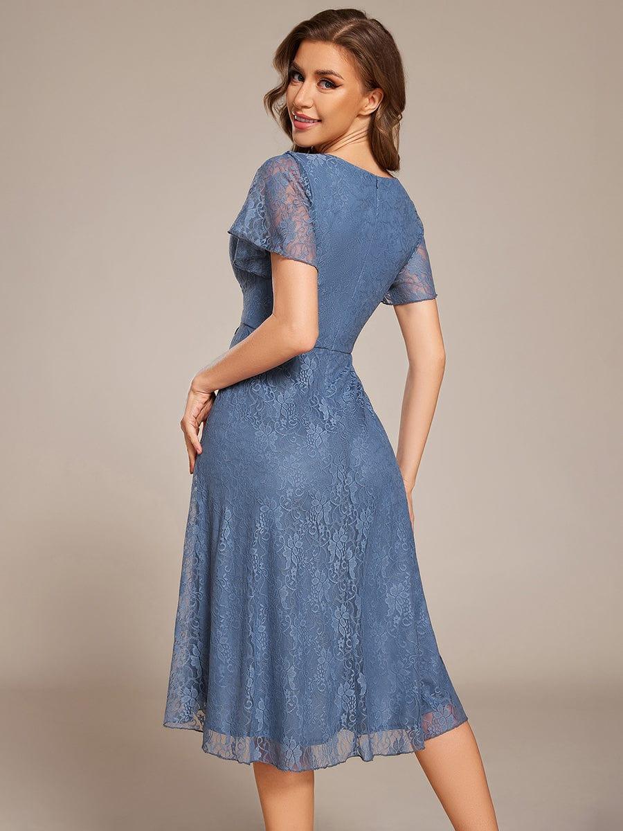 V-Neck Lace Lotus Leaf Ruffles Sleeve Midi Length Evening Dress #color_Dusty Blue