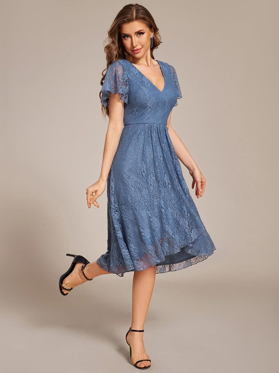 V-Neck Lace Lotus Leaf Ruffles Sleeve Midi Length Evening Dress #color_Dusty Blue