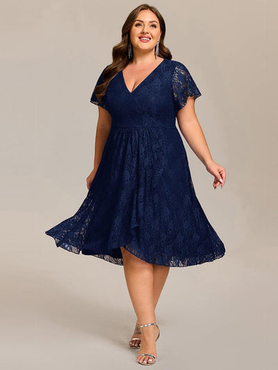 Plus Size Lace Lotus Leaf Ruffles Sleeve Midi Wedding Guest Dress #color_Navy Blue