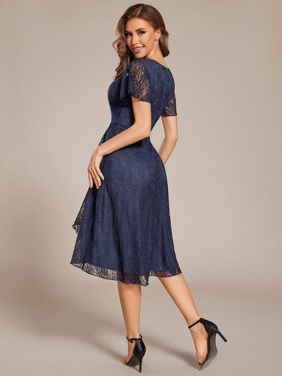 V-Neck Lace Lotus Leaf Ruffles Sleeve Midi Length Evening Dress #color_Navy Blue