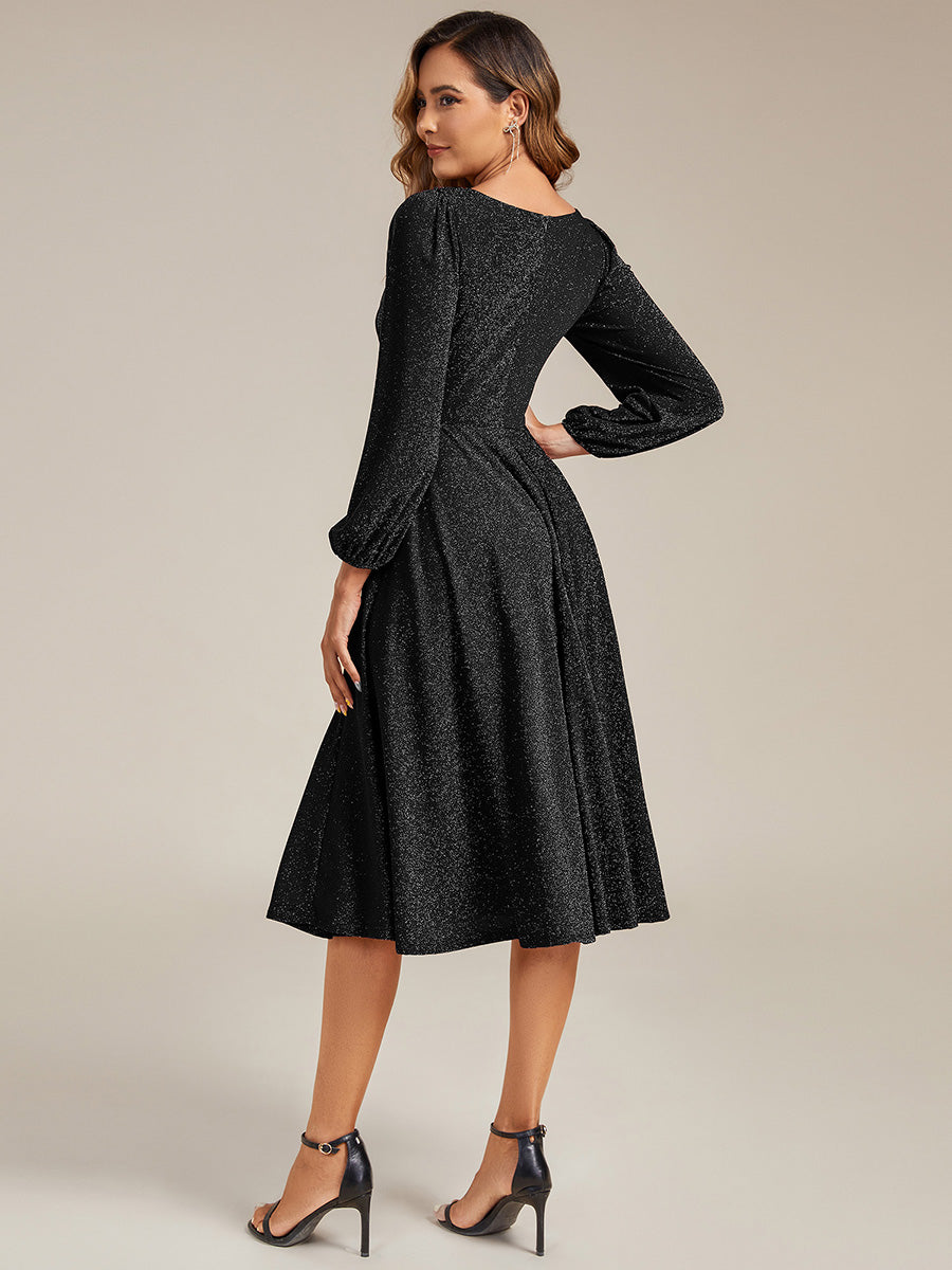 Knit Lantern Sleeve A-Line Wedding Guest Dress #color_Black