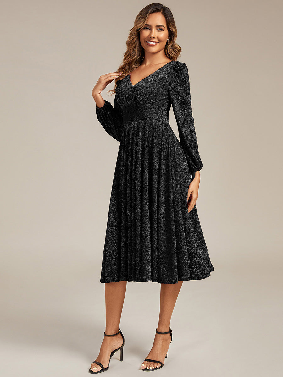 Knit Lantern Sleeve A-Line Wedding Guest Dress #color_Black