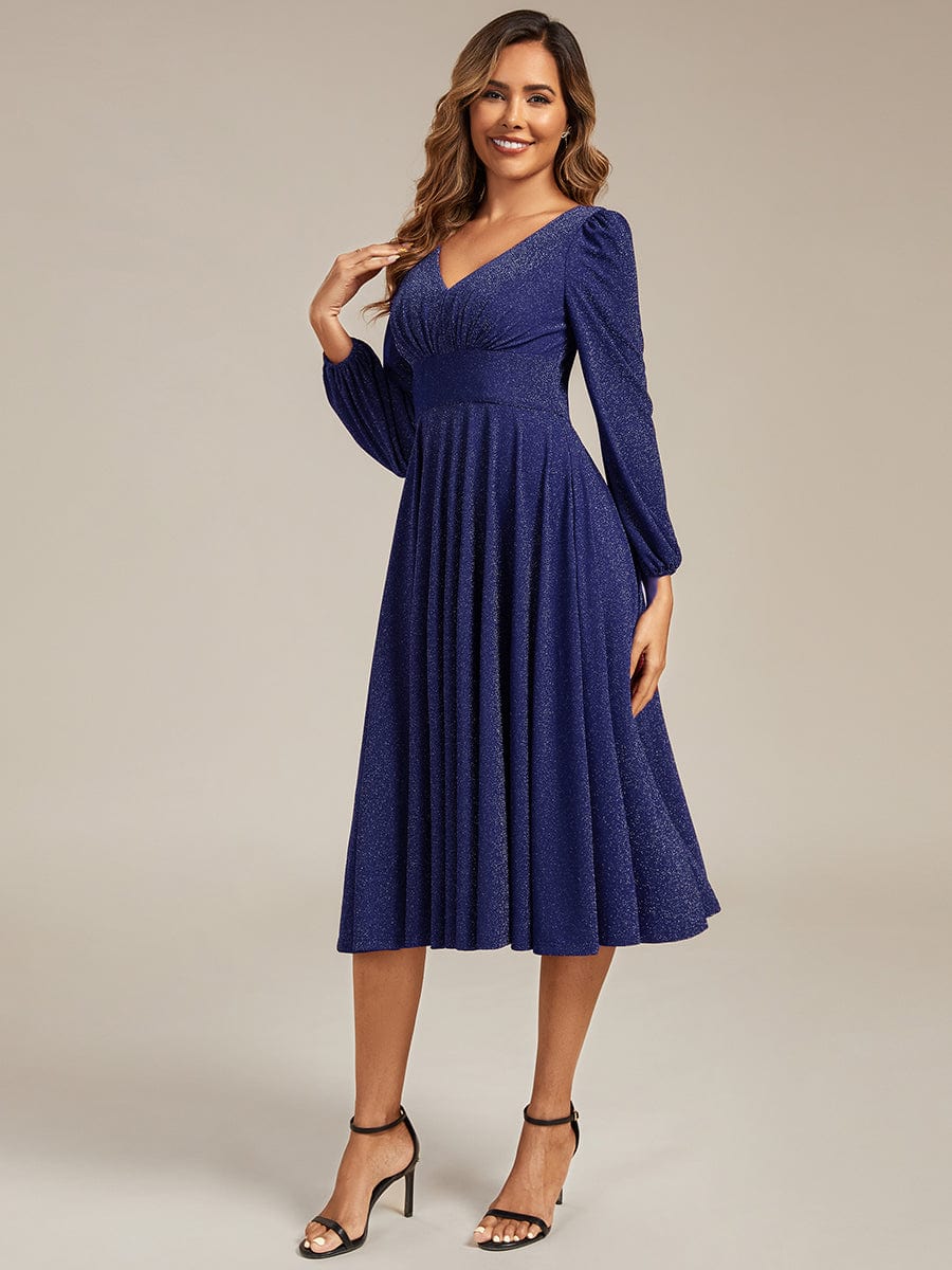 Long Sleeve A-Line Midi Wedding Guest Dress | V-neck & Defined Waist