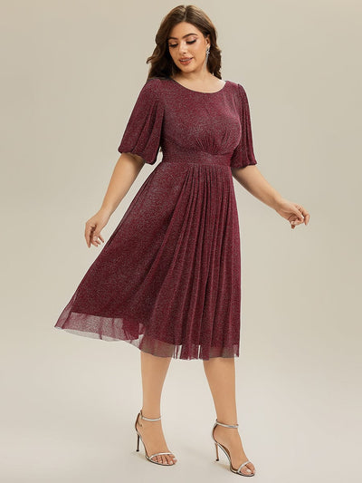 Knit Lantern Sleeve A-Line Wedding Guest Dress #color_Burgundy