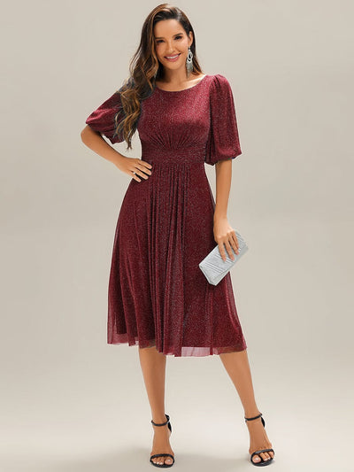 Knit Lantern Sleeve A-Line Wedding Guest Dress #color_Burgundy