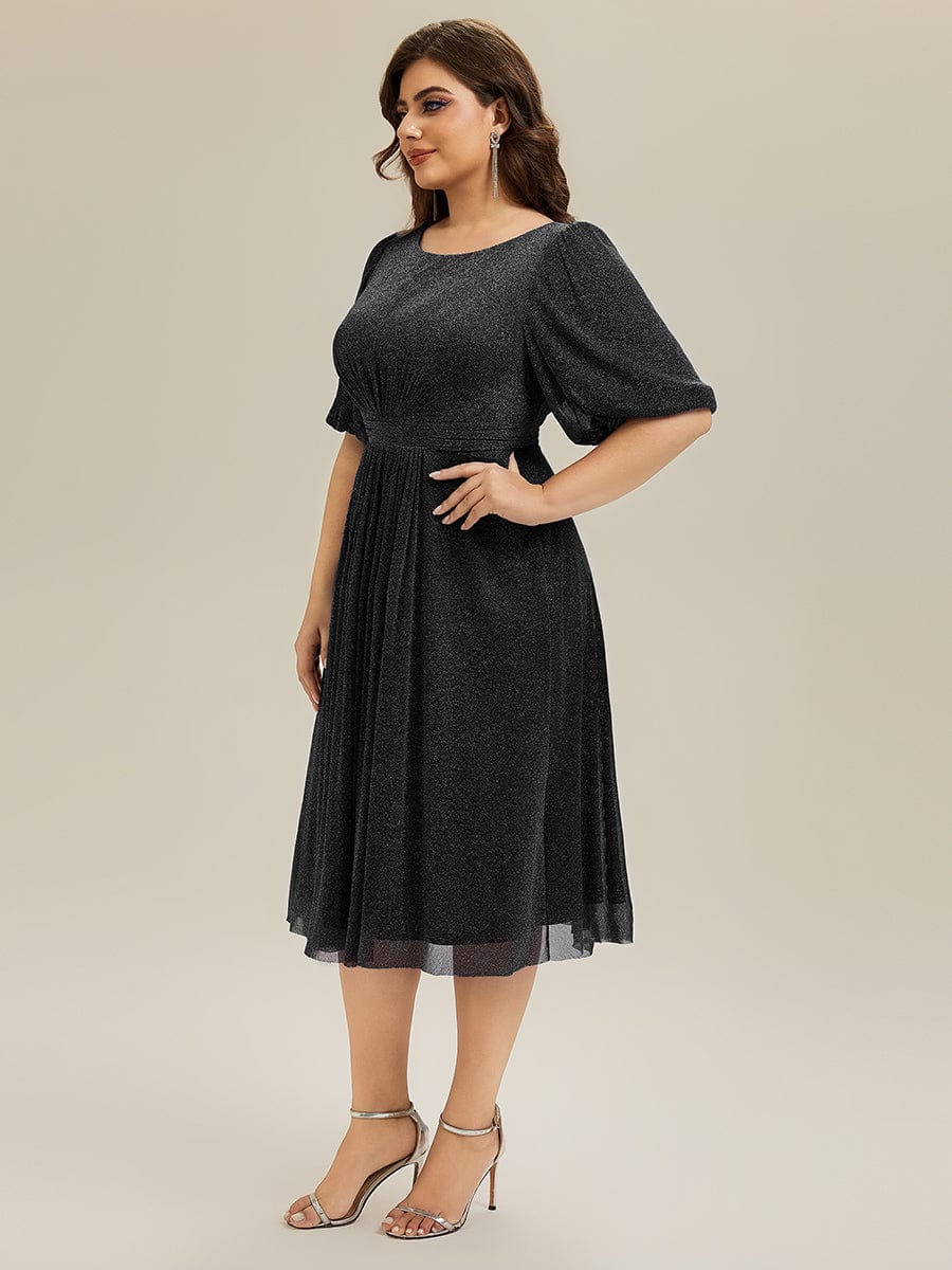 Knit Lantern Sleeve A-Line Wedding Guest Dress #color_Black