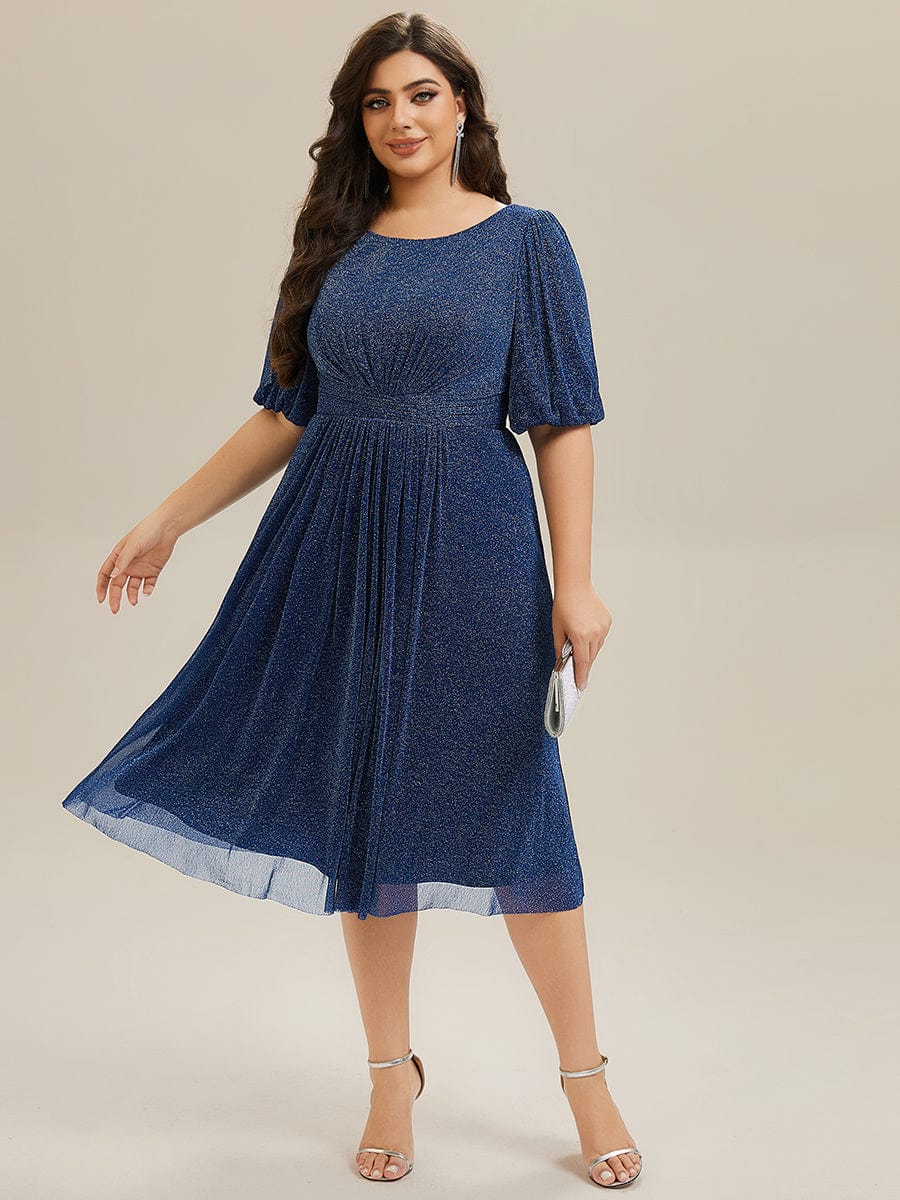 Knit Lantern Sleeve A-Line Wedding Guest Dress #color_Navy Blue