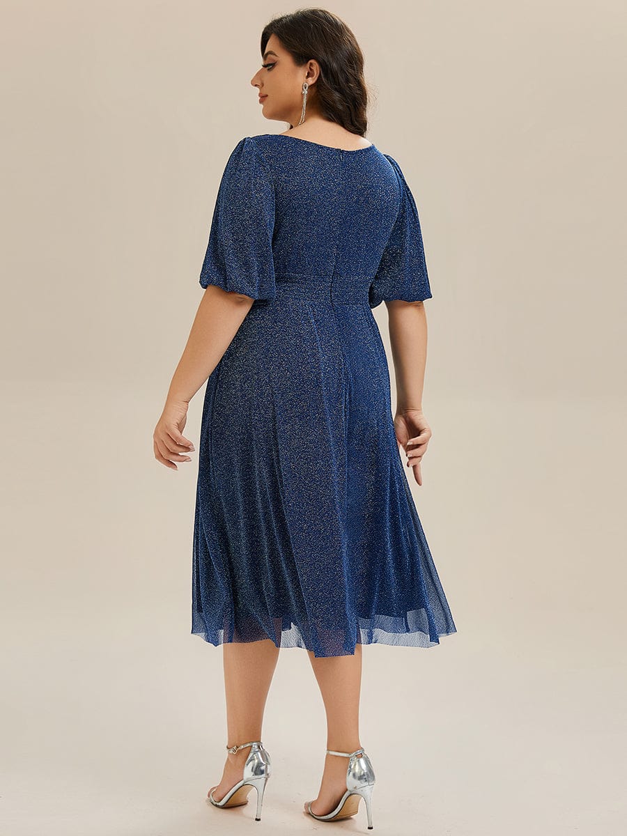 Knit Lantern Sleeve A-Line Wedding Guest Dress #color_Navy Blue