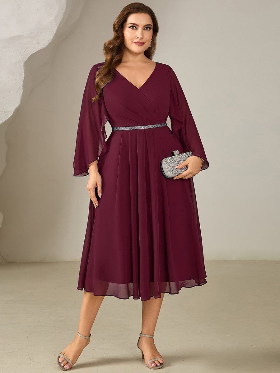brown amanda uprichard dress Plus Size V-Neck Chiffon Midi Wedding Guest Dress with Flutter Sleeves
