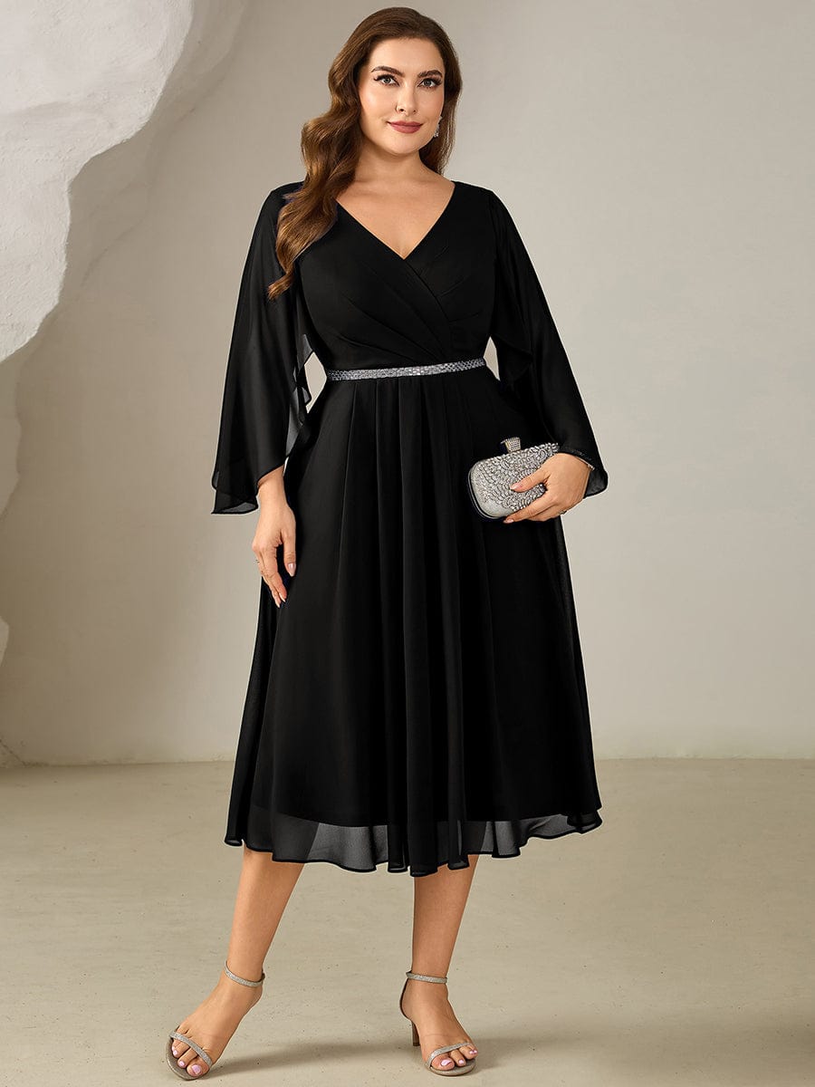 Plus Size Deep V-Neck Chiffon Wedding Guest Dress #color_Black
