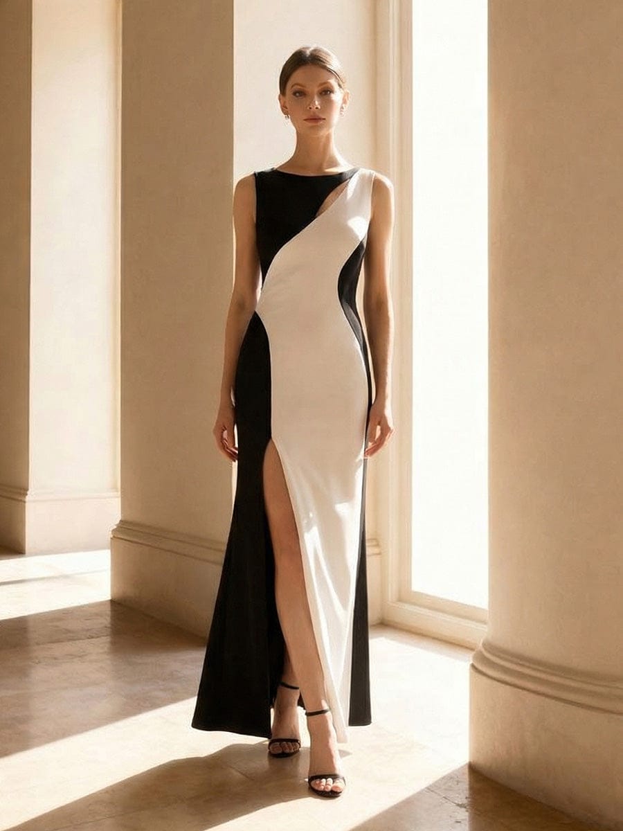 Cut-Out Detail Knit Sleeveless Dress #color_Ivory-Black