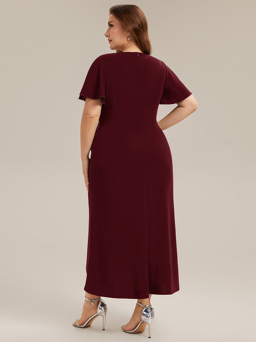 Thigh-High Slit Knit Ruffle Sleeve Dress #color_Burgundy