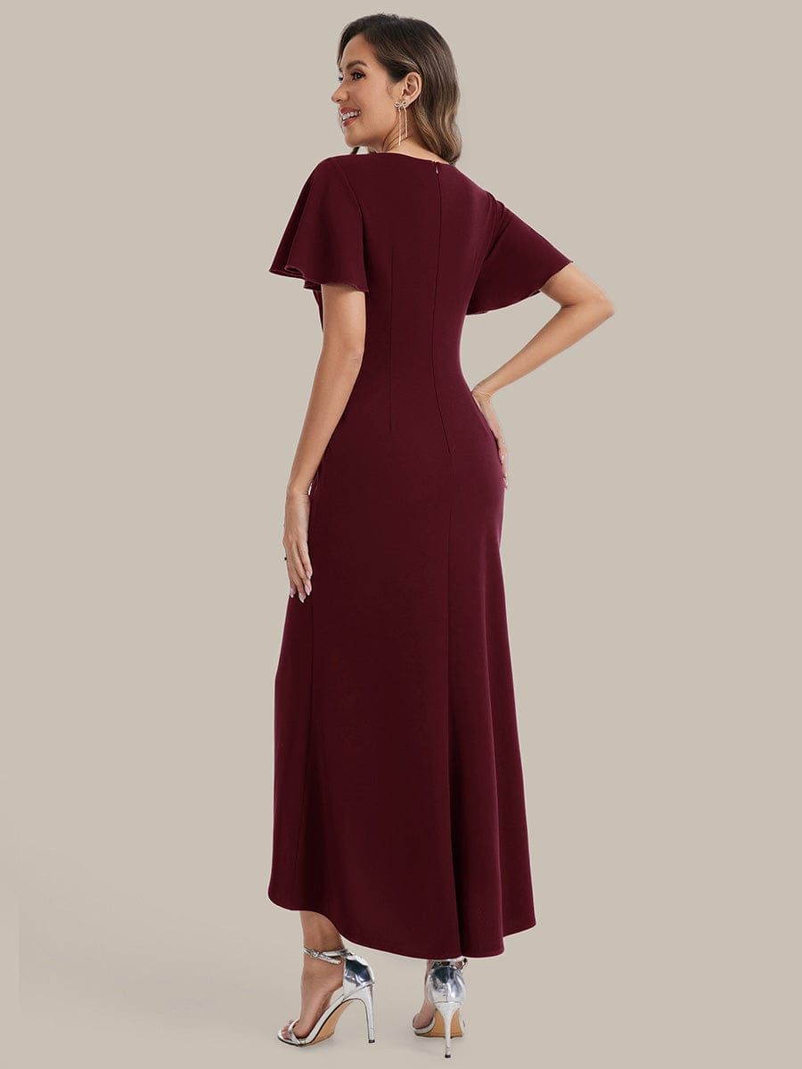 Thigh-High Slit Knit Ruffle Sleeve Dress #color_Burgundy