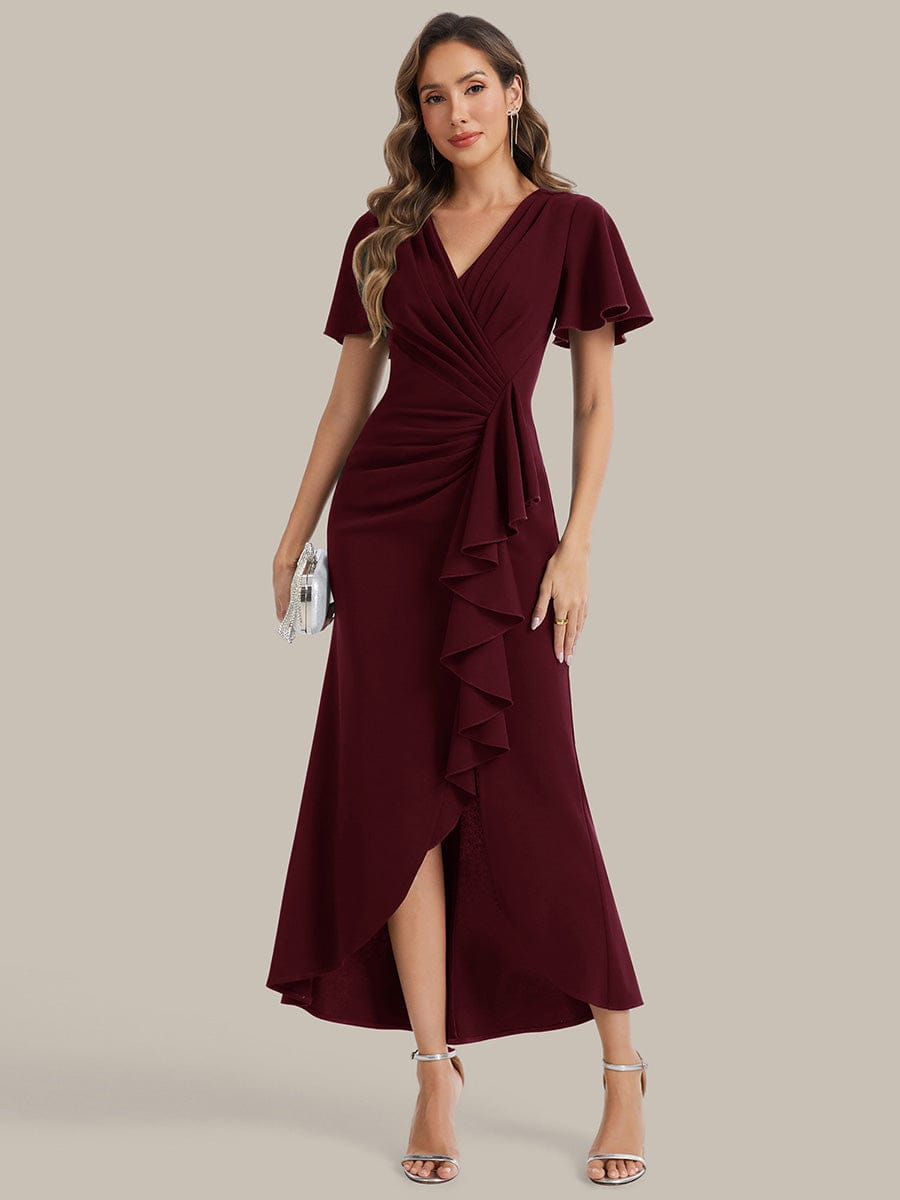 Thigh-High Slit Knit Ruffle Sleeve Dress #color_Burgundy