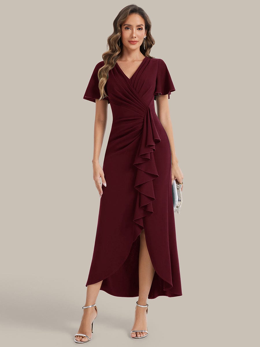 Thigh-High Slit Knit Ruffle Sleeve Dress #color_Burgundy