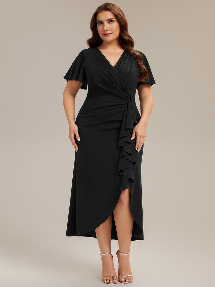 Thigh-High Slit Knit Ruffle Sleeve Dress #color_Black