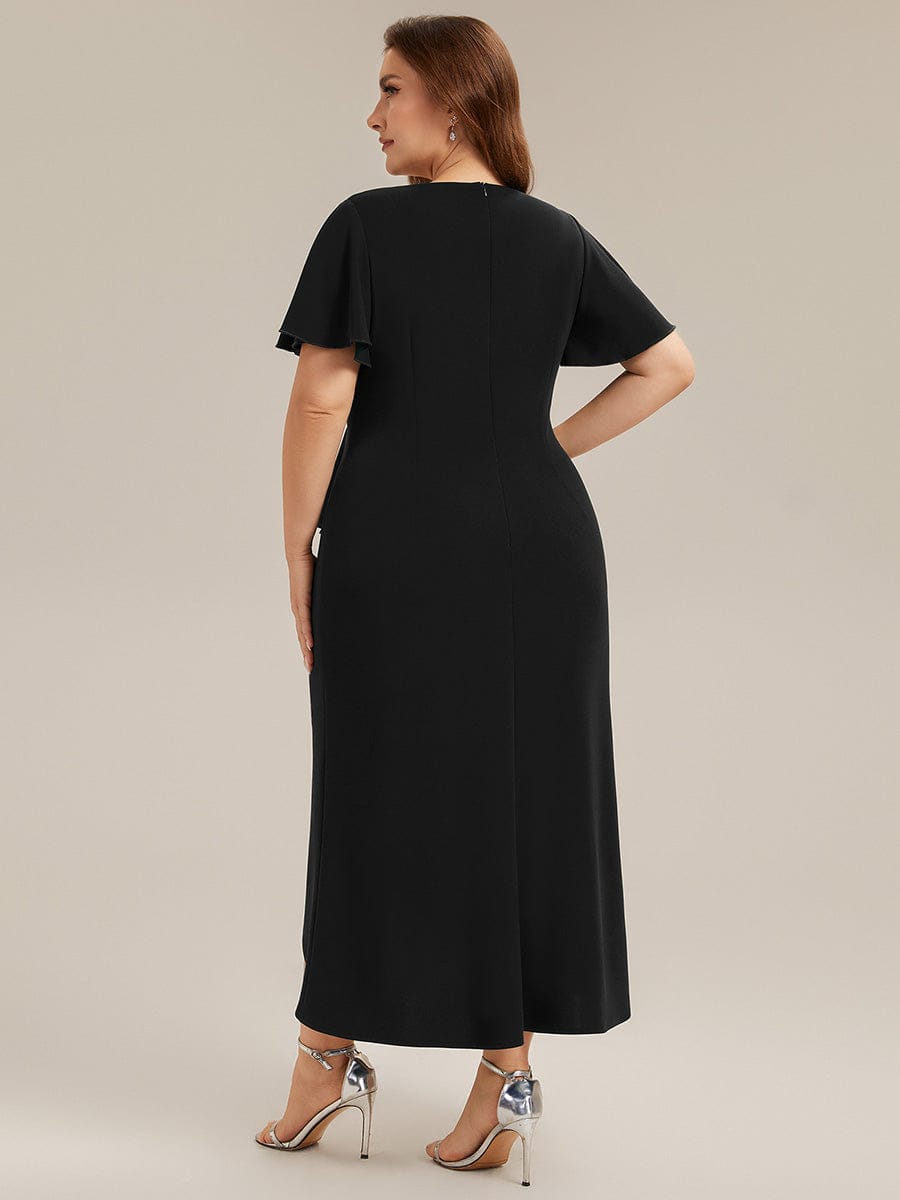 Thigh-High Slit Knit Ruffle Sleeve Dress #color_Black