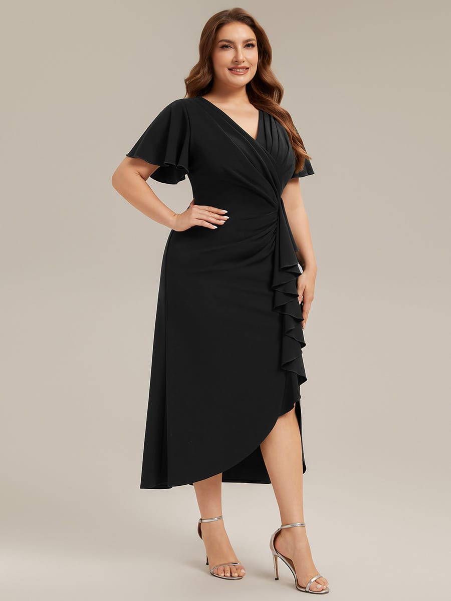 Thigh-High Slit Knit Ruffle Sleeve Dress #color_Black