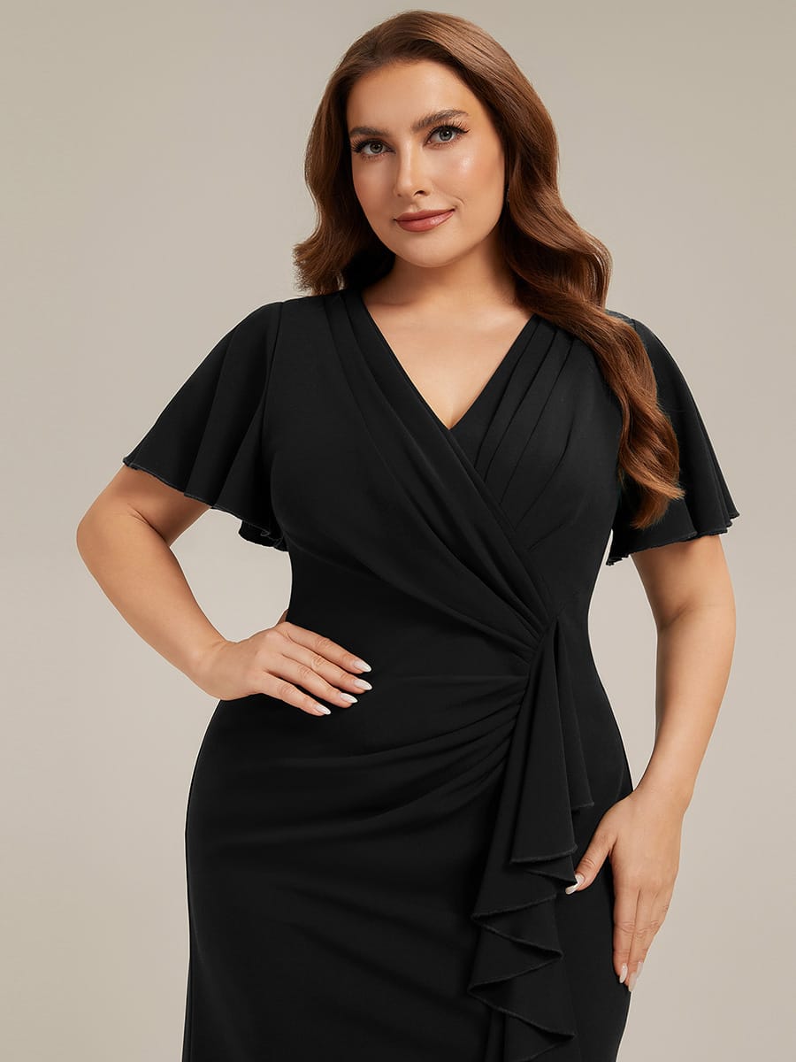 Thigh-High Slit Knit Ruffle Sleeve Dress #color_Black