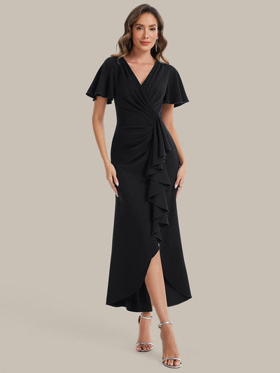 Thigh-High Slit Knit Ruffle Sleeve Dress