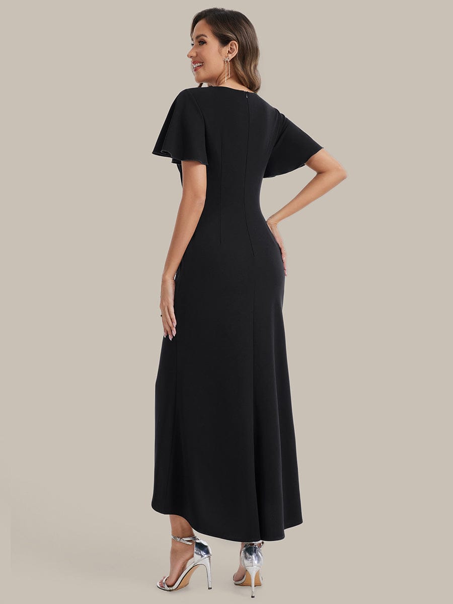 Thigh-High Slit Knit Ruffle Sleeve Dress #color_Black