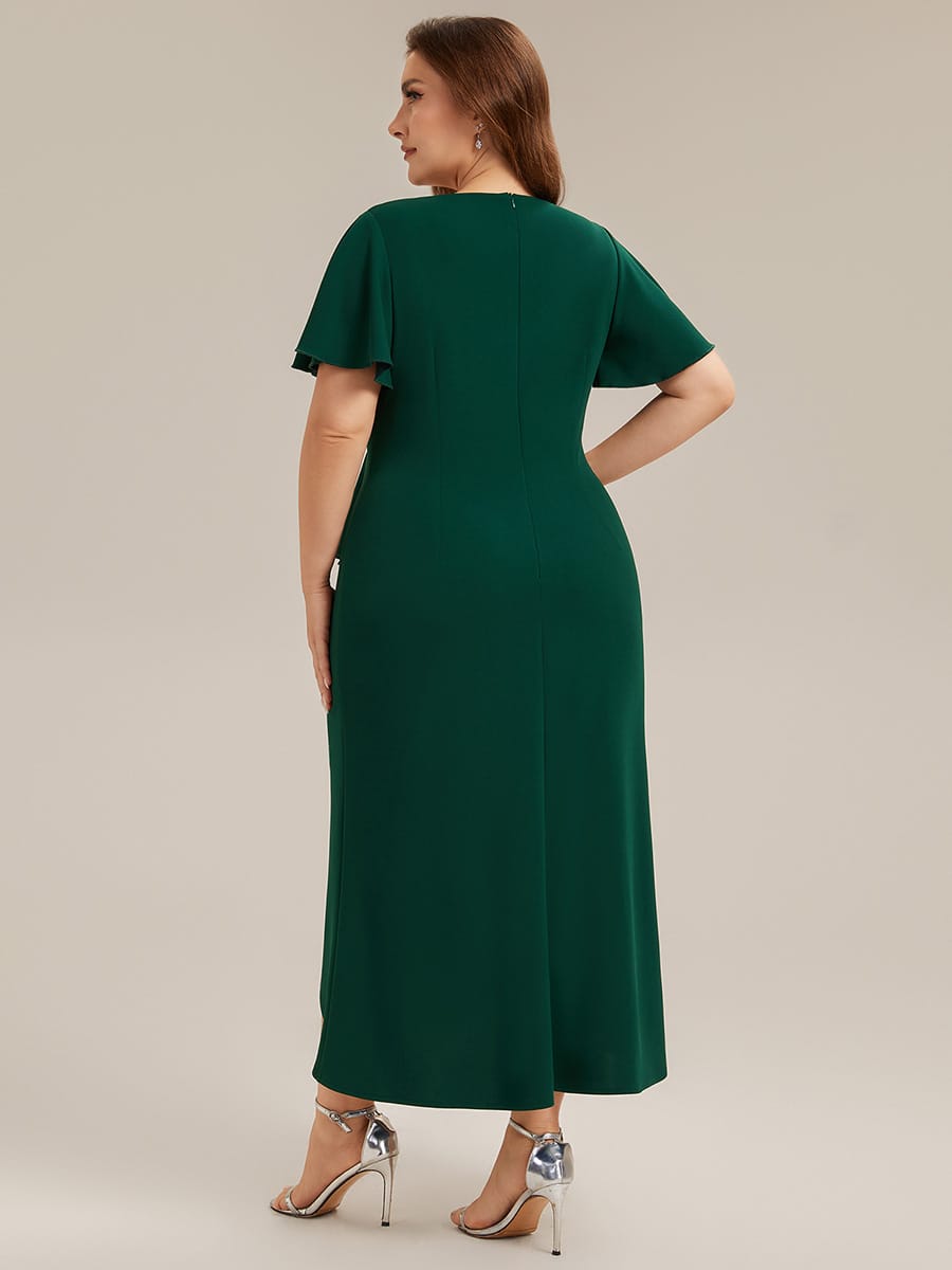 Thigh-High Slit Knit Ruffle Sleeve Dress #color_Dark Green