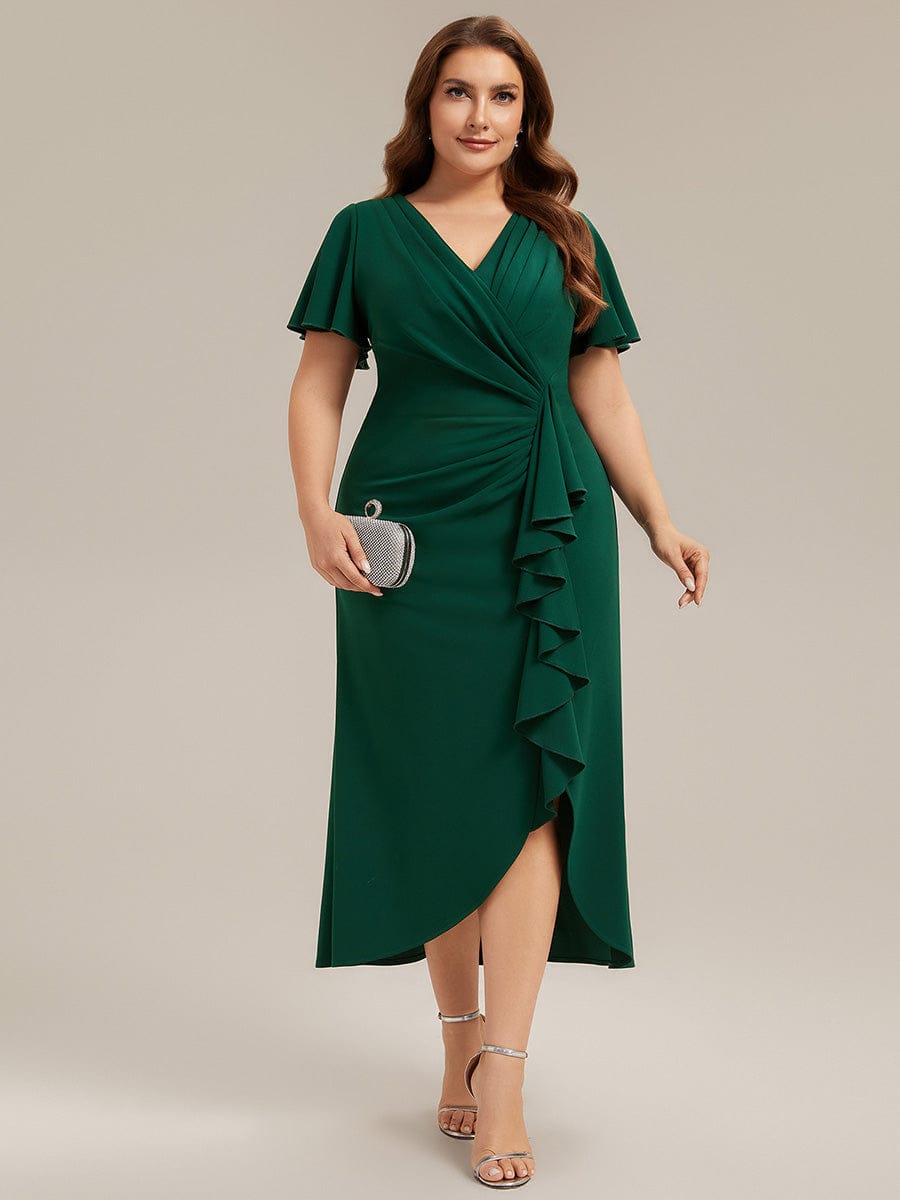 Thigh-High Slit Knit Ruffle Sleeve Dress #color_Dark Green