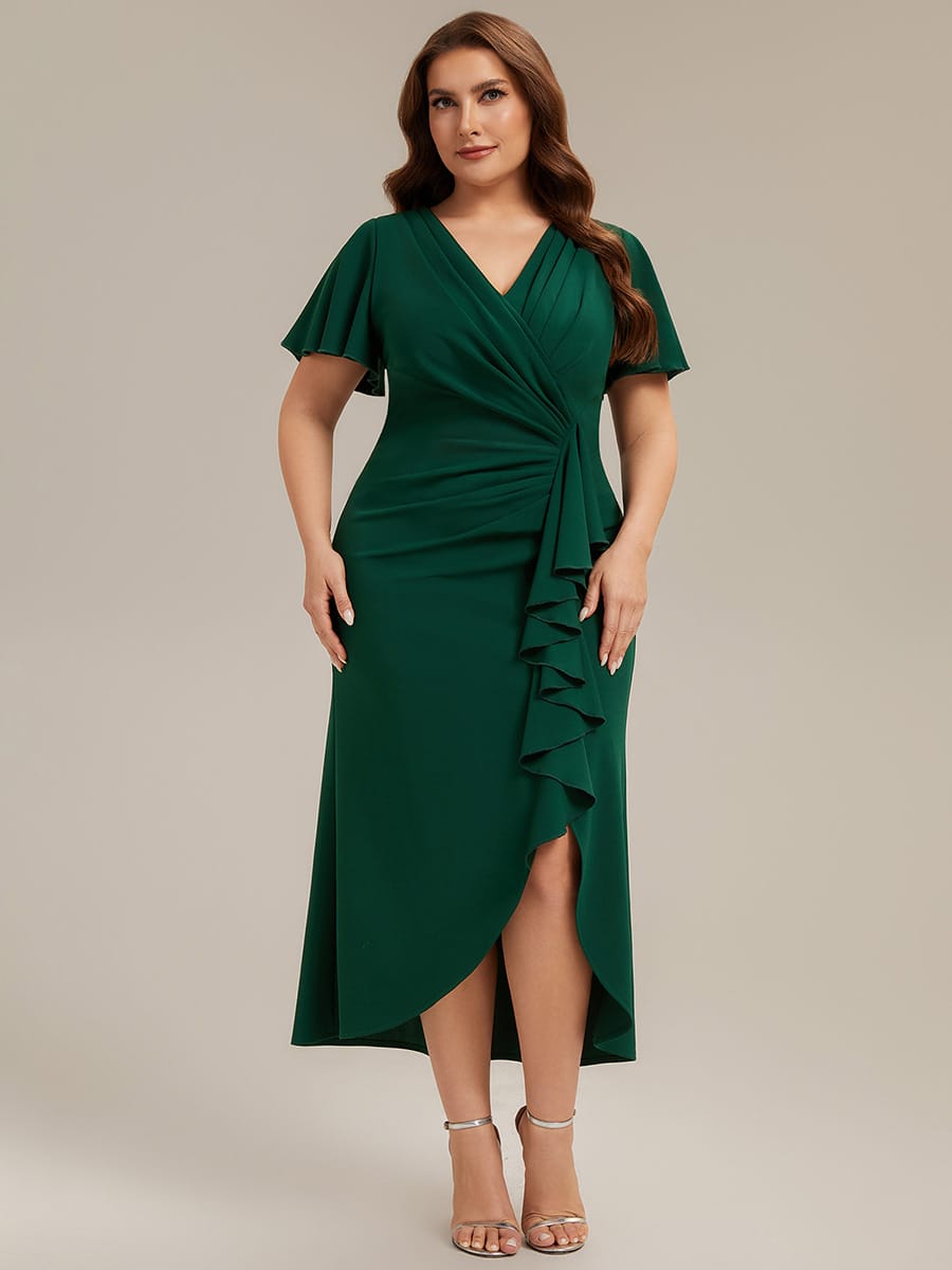 Thigh-High Slit Knit Ruffle Sleeve Dress #color_Dark Green