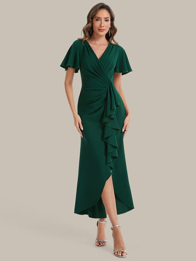 Thigh-High Slit Knit Ruffle Sleeve Dress #color_Dark Green