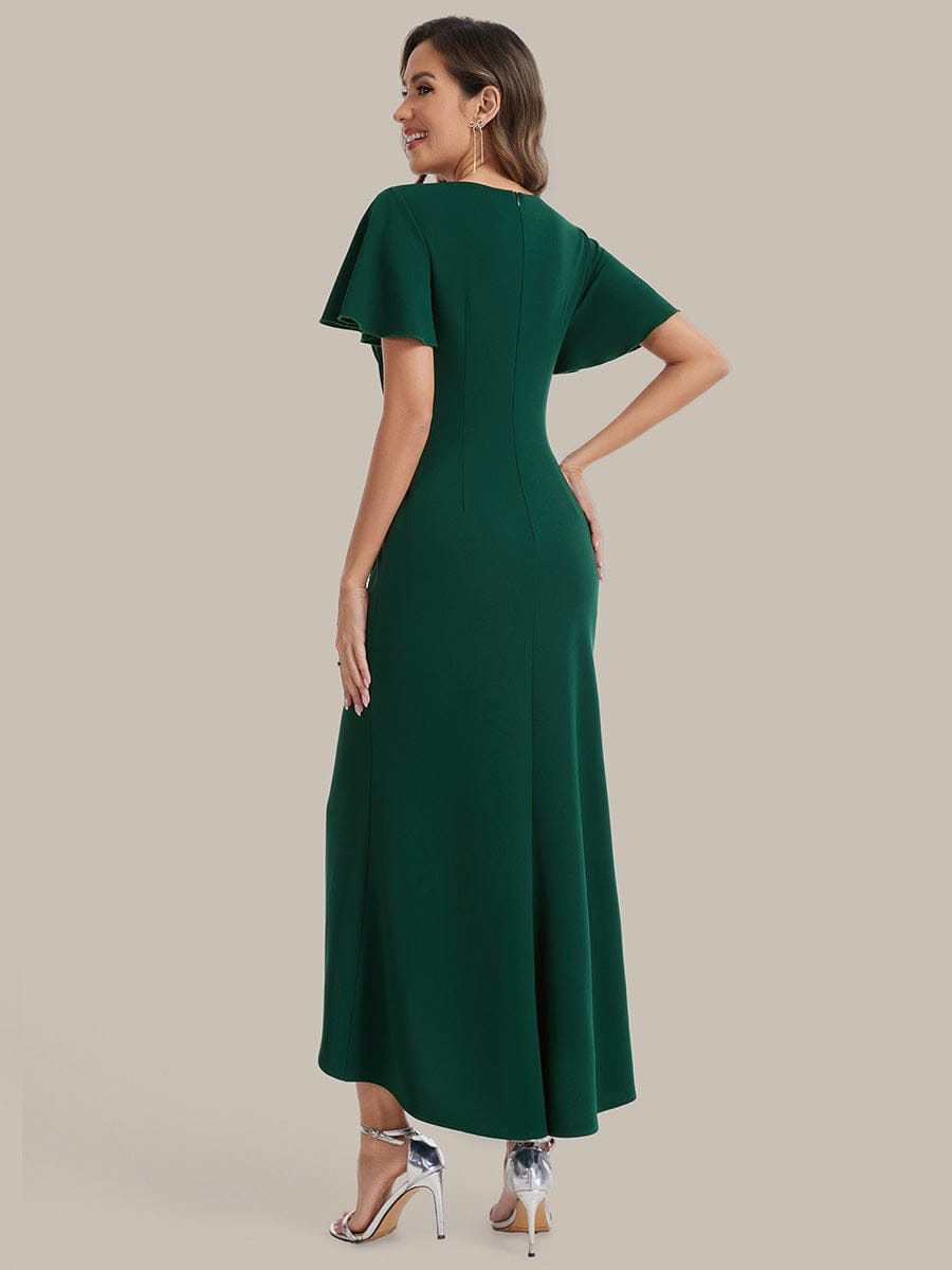 Thigh-High Slit Knit Ruffle Sleeve Dress #color_Dark Green